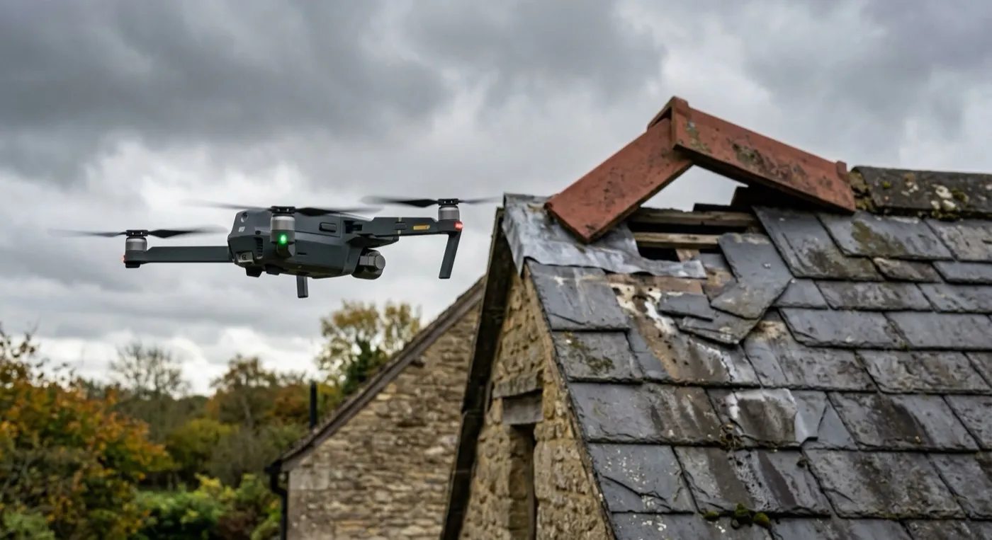 A grey folding survey drone hovering over a storm-damaged slate roof with a lifted ridge tile visible