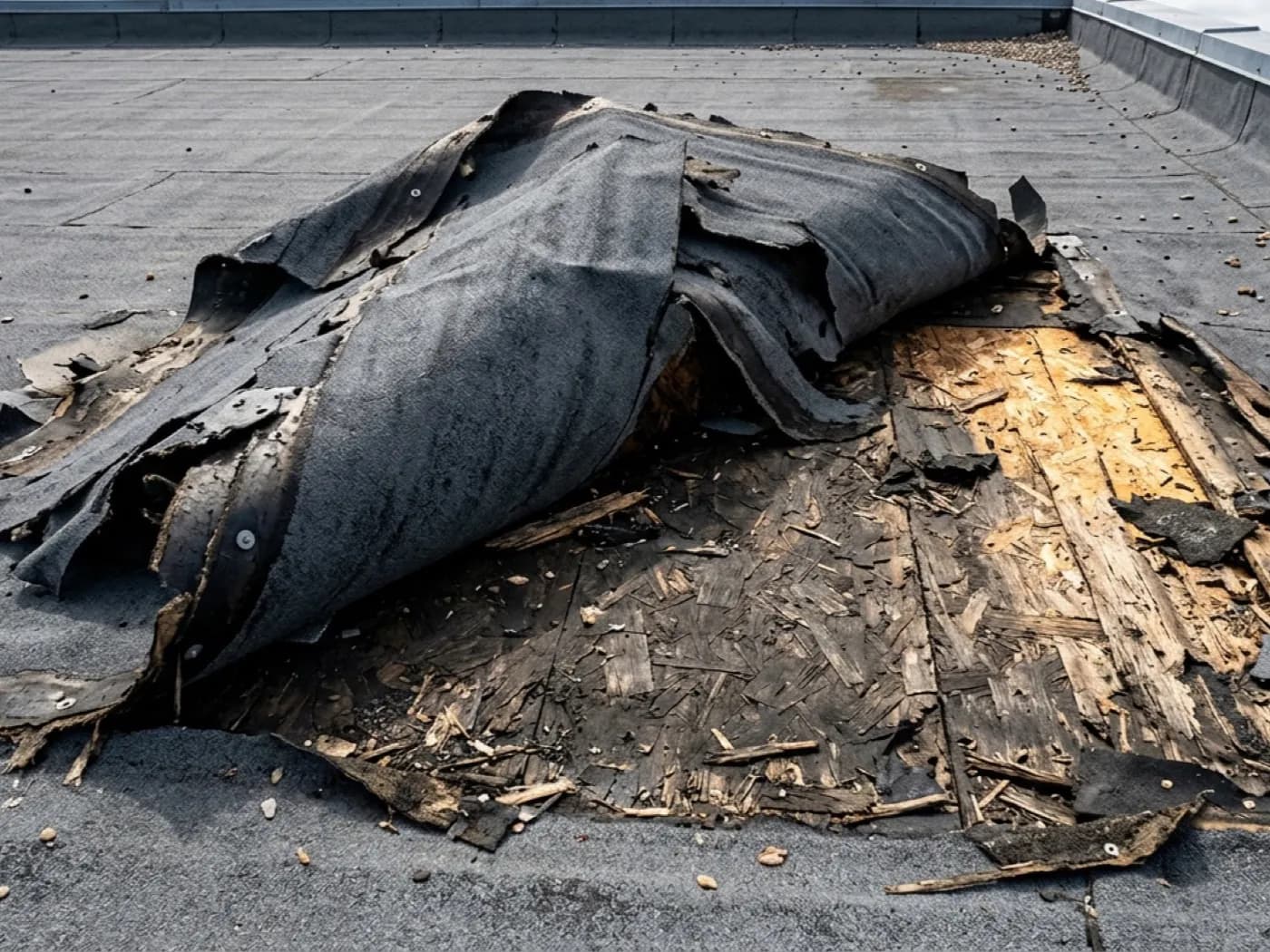 A torn and lifted section of felt on a flat roof after high winds, with the underlying deck exposed