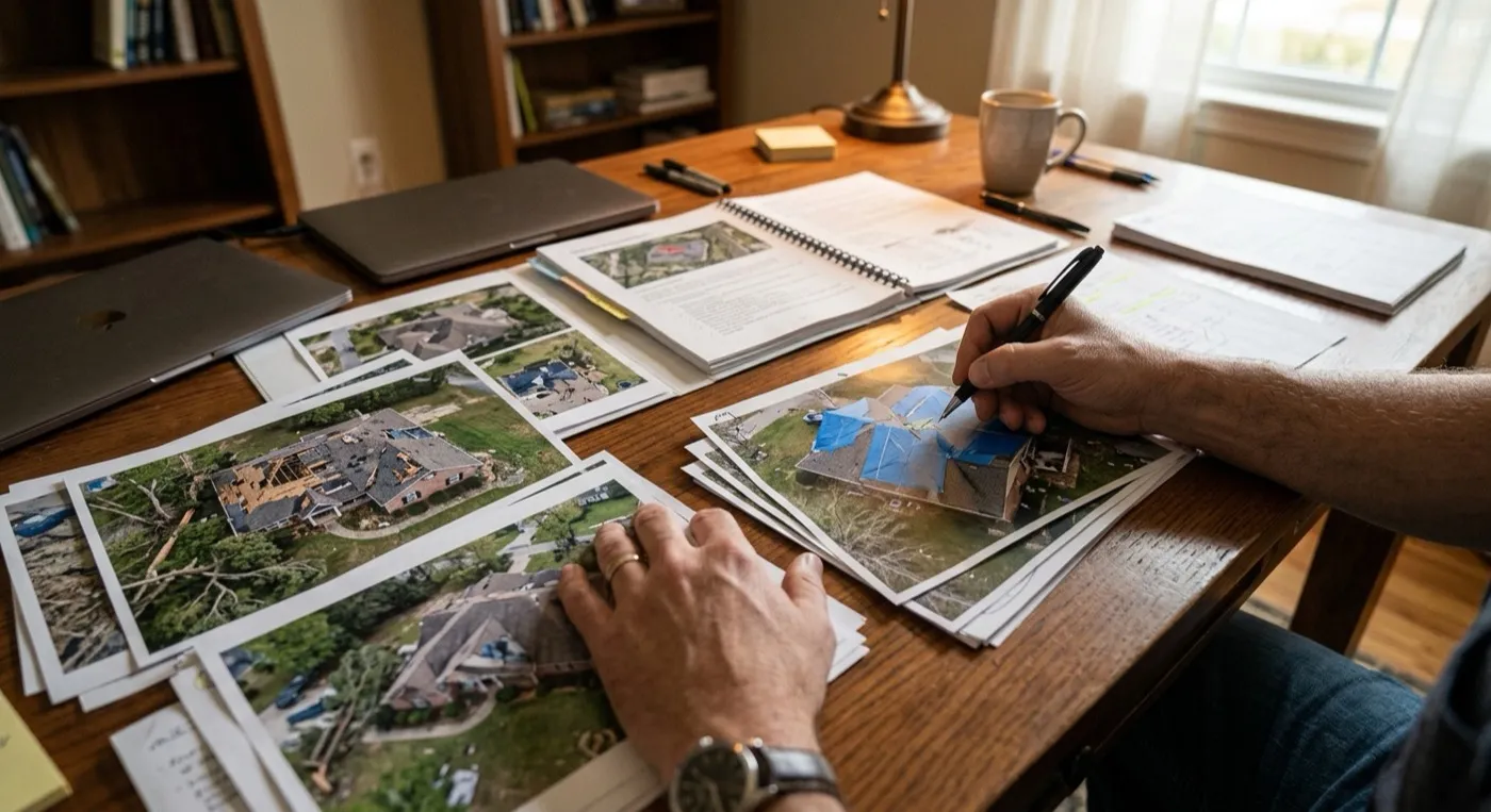 Aerial storm damage photographs and a written evidence pack laid out for review on a desk